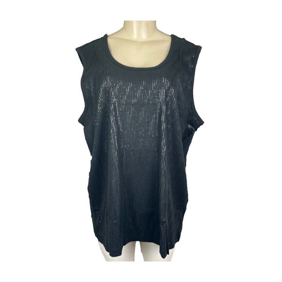 Denim 24/7 Plus 26/28 Black Sequin Scoop Neckline Ribbed Trim Sleeveless Top - Picture 2 of 6